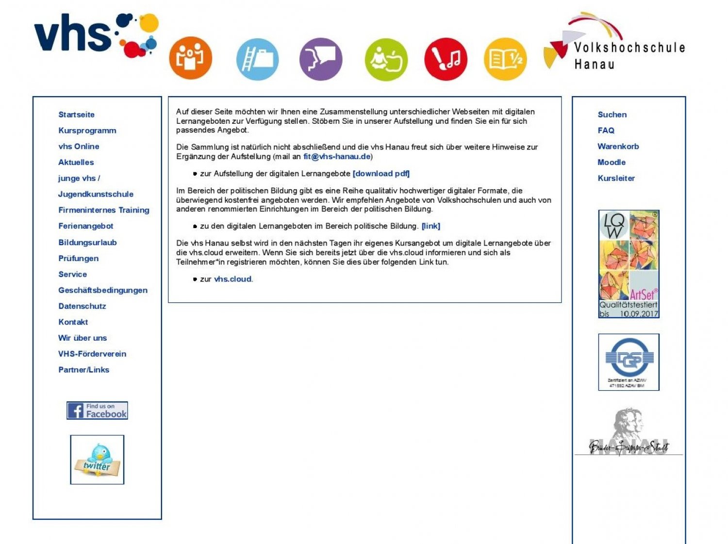 Screenshot der VHS-Homepage.