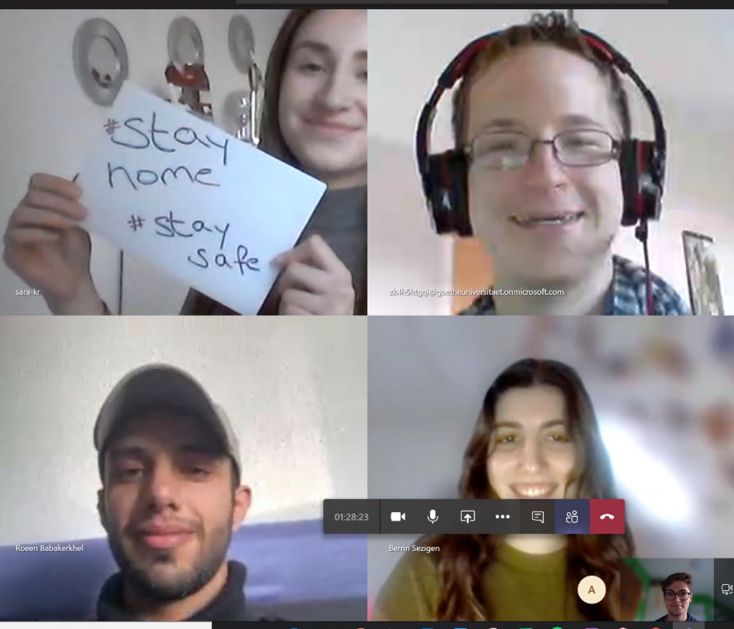 Telefonkonferenz oben von links Sara Krasniqi, oben rechts Niklas Schäfer, unten von links: Roeen Babakerkhel, Berrin Serrizin, Ronaldo Cunha)