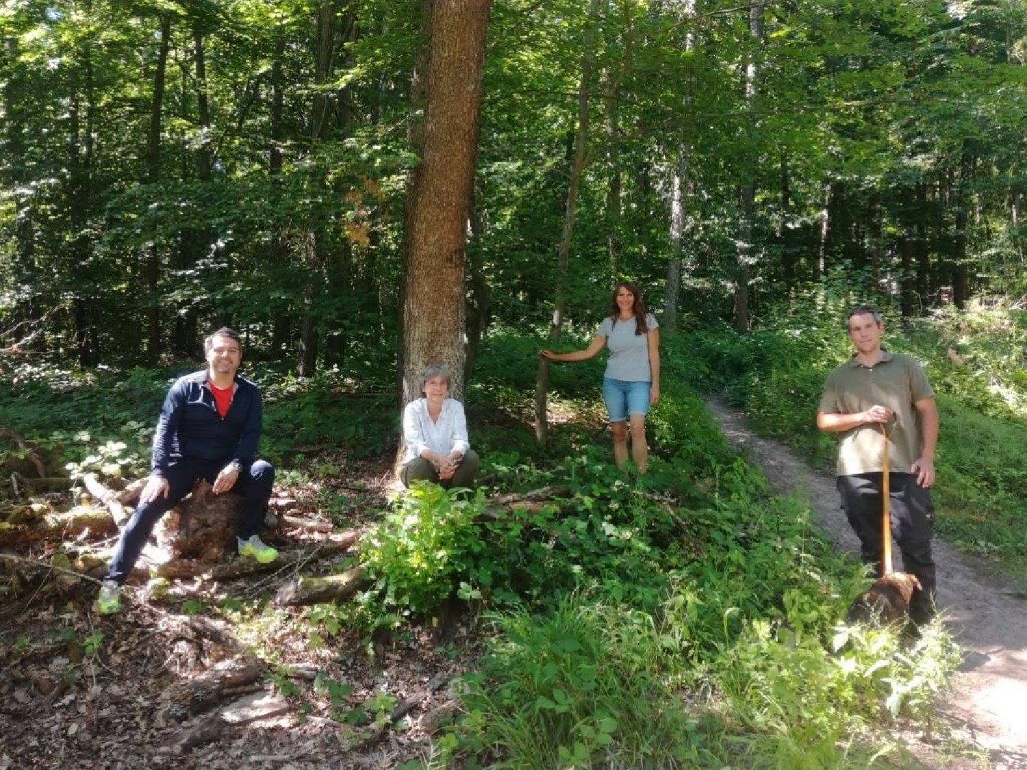Bürgermeister Daniel Christian Glöckner (links) und Förster Lukas Rippl (rechts) erhalten von Gudrun Vogt-Schneider (Zweite von links) und Brigitte Aubel Einblicke in das neue Angebot des Waldbadens im Gelnhäuser Stadtwald