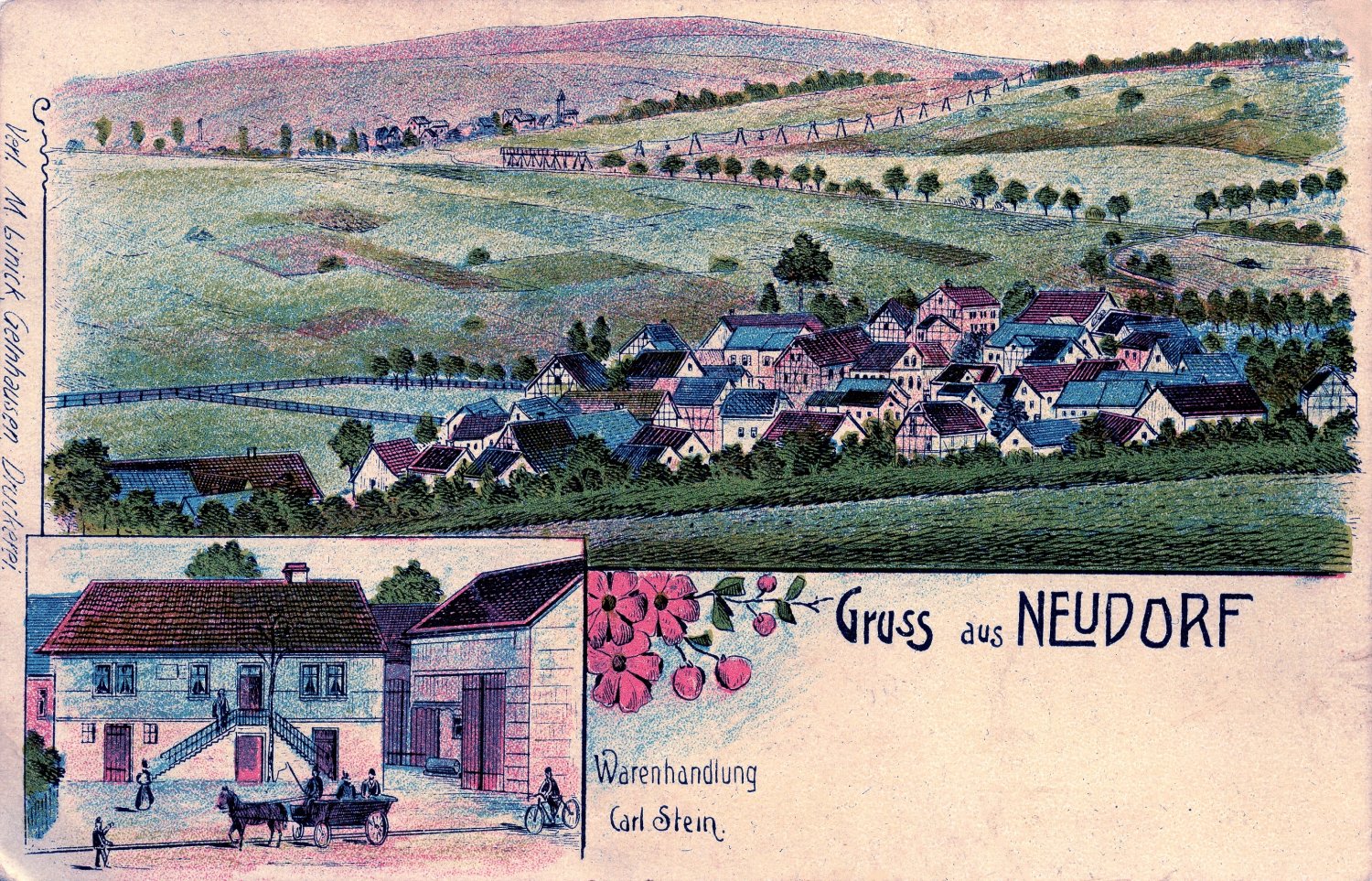 Neudorf cirka im Jahre 1910. Im Hintergrund die Seilbahn von der Grube Winterfreude zur Vogelsberger Südbahn