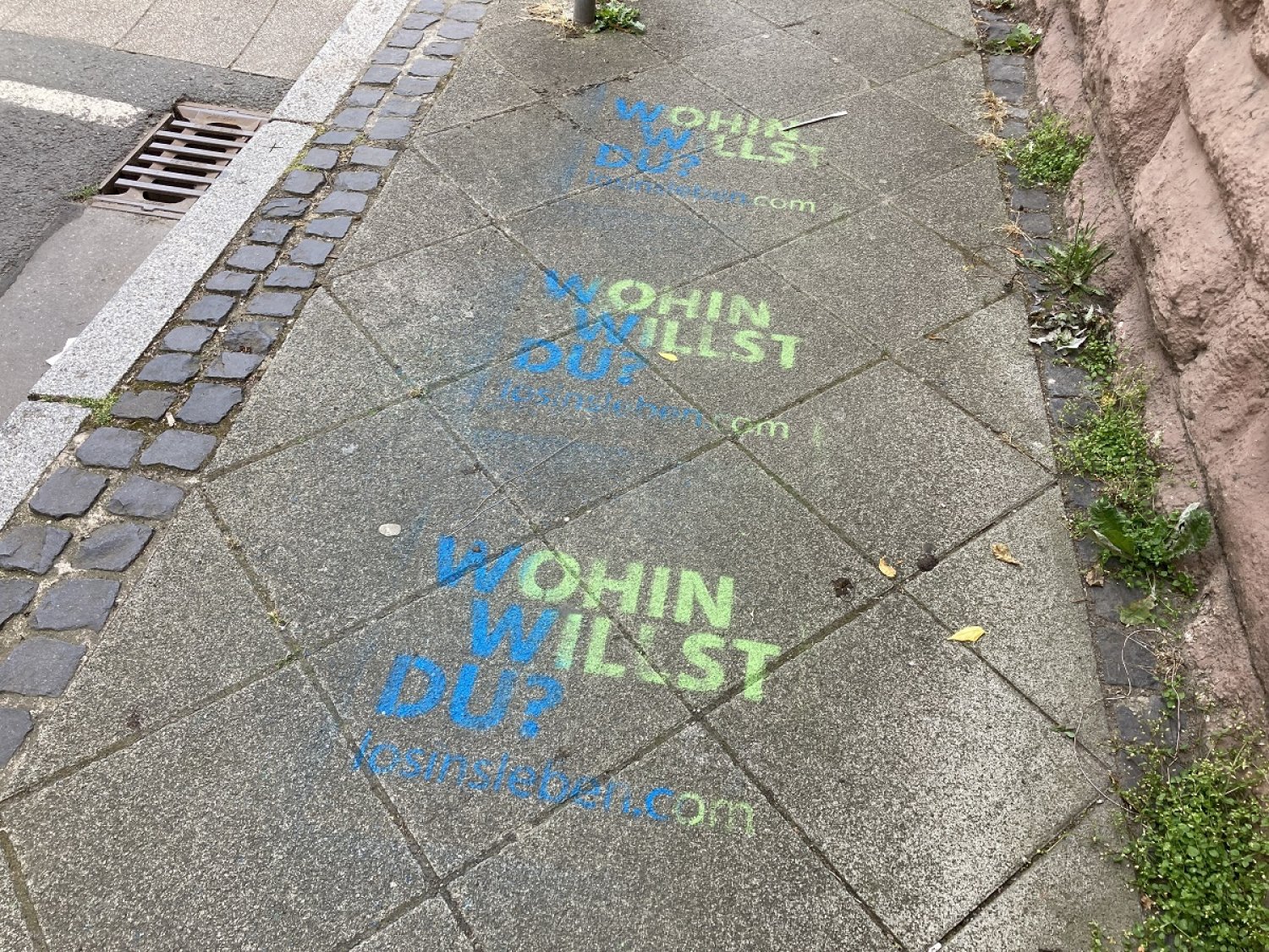 Farbige Kreidegraffitis auf dem Asphalt: „WOHIN WILLST DU? losinsleben.com“.