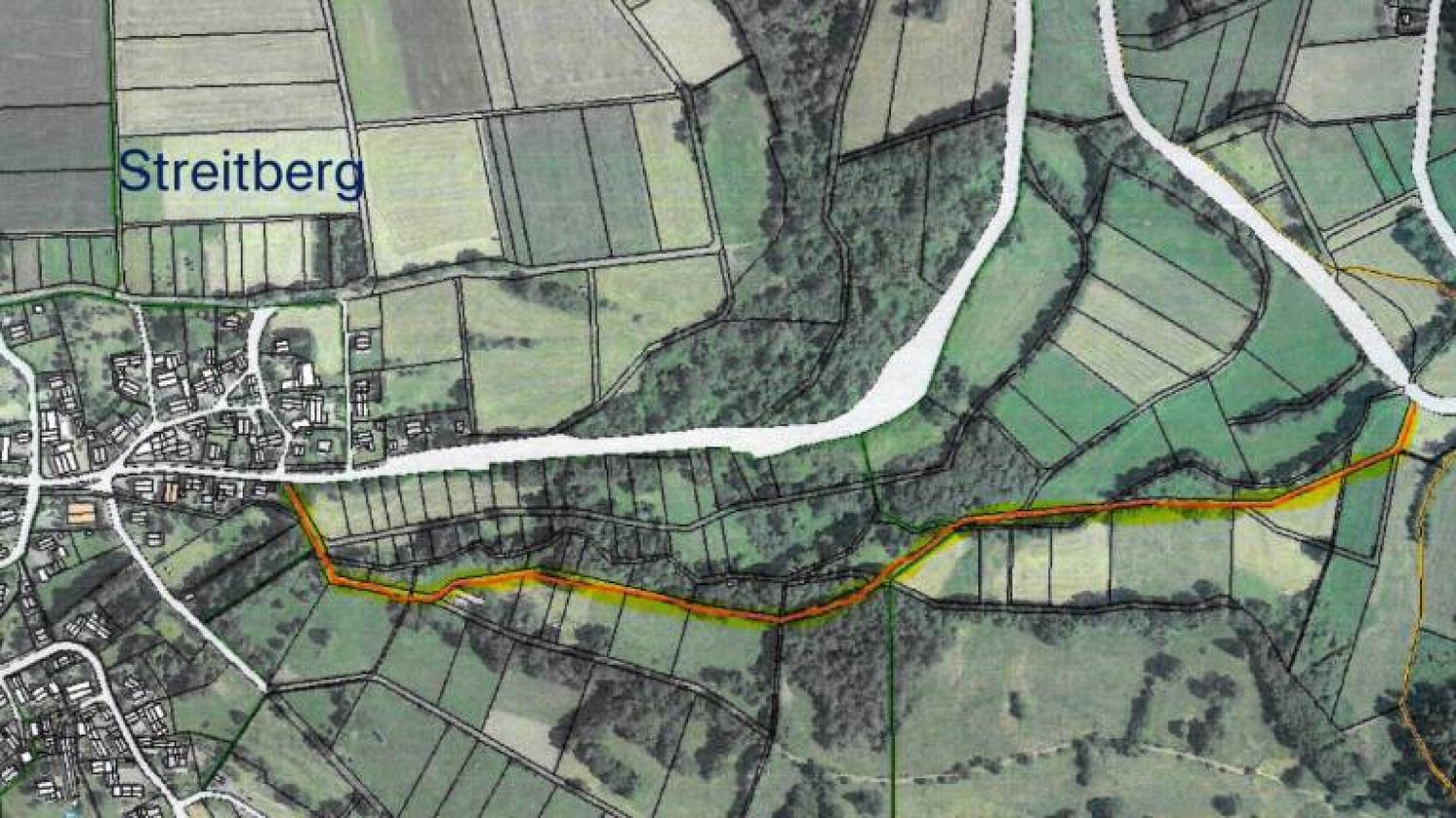 Der Wirtschaftsweg (orange eingezeichnet) kreuzt im unteren Bereich zwei Mal den Geißegrundbach.