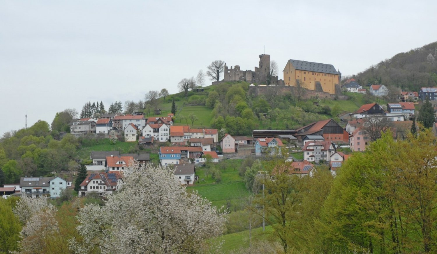 Der kleine Ort Schwarzenfels klebt förmlich am Westhang des 492 Meter hohen Hopfenberges und wird gekrönt durch die weithin sichtbare Burg.