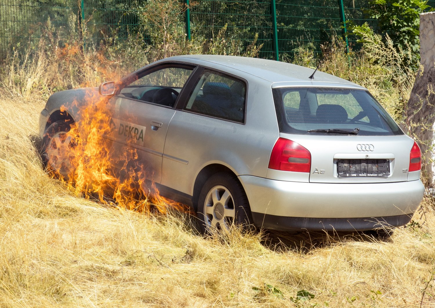 Katalysator-Brand auf trockener Wiese.