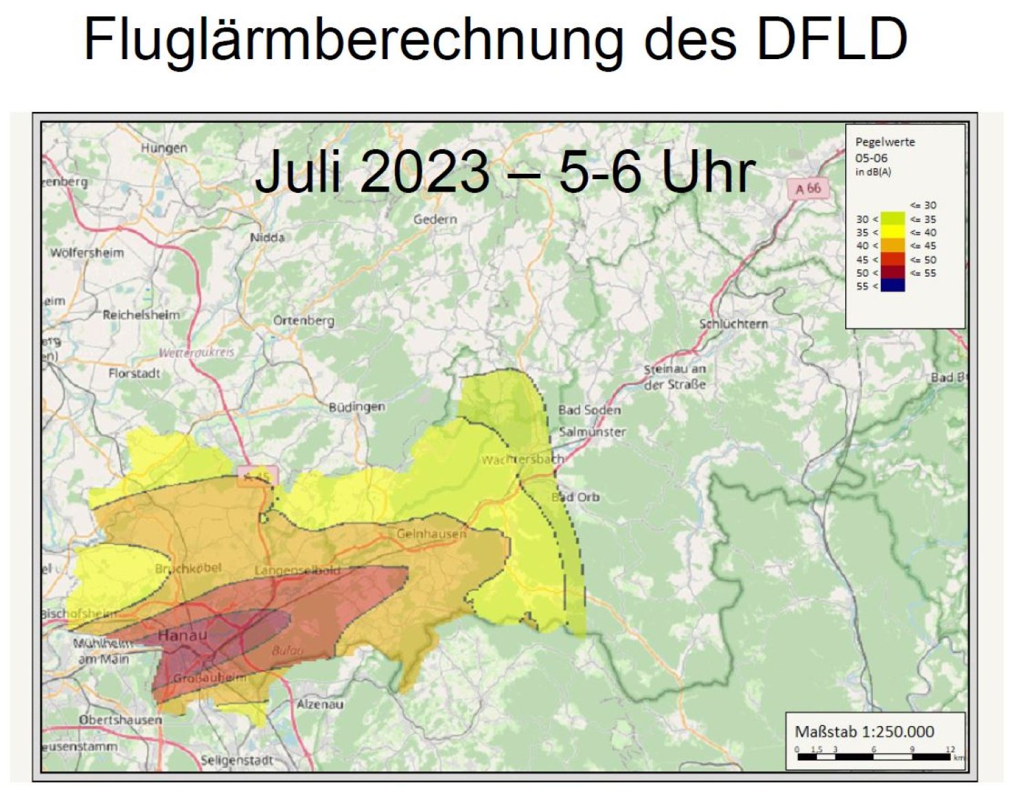 Das Ergebnis der Lärmberechnung im Monat Juli zwischen 5 Uhr und 6 Uhr.   