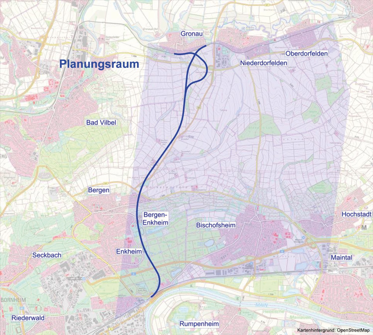 Der angedachte Streckenverlauf der Neubaustrecke beginnt mit einer Ausfädelung bei Bergen-Enkheim nach Norden und fädelt sich nach einer Gabelung des Streckenverlaufs in die Niddertalbahn ein.