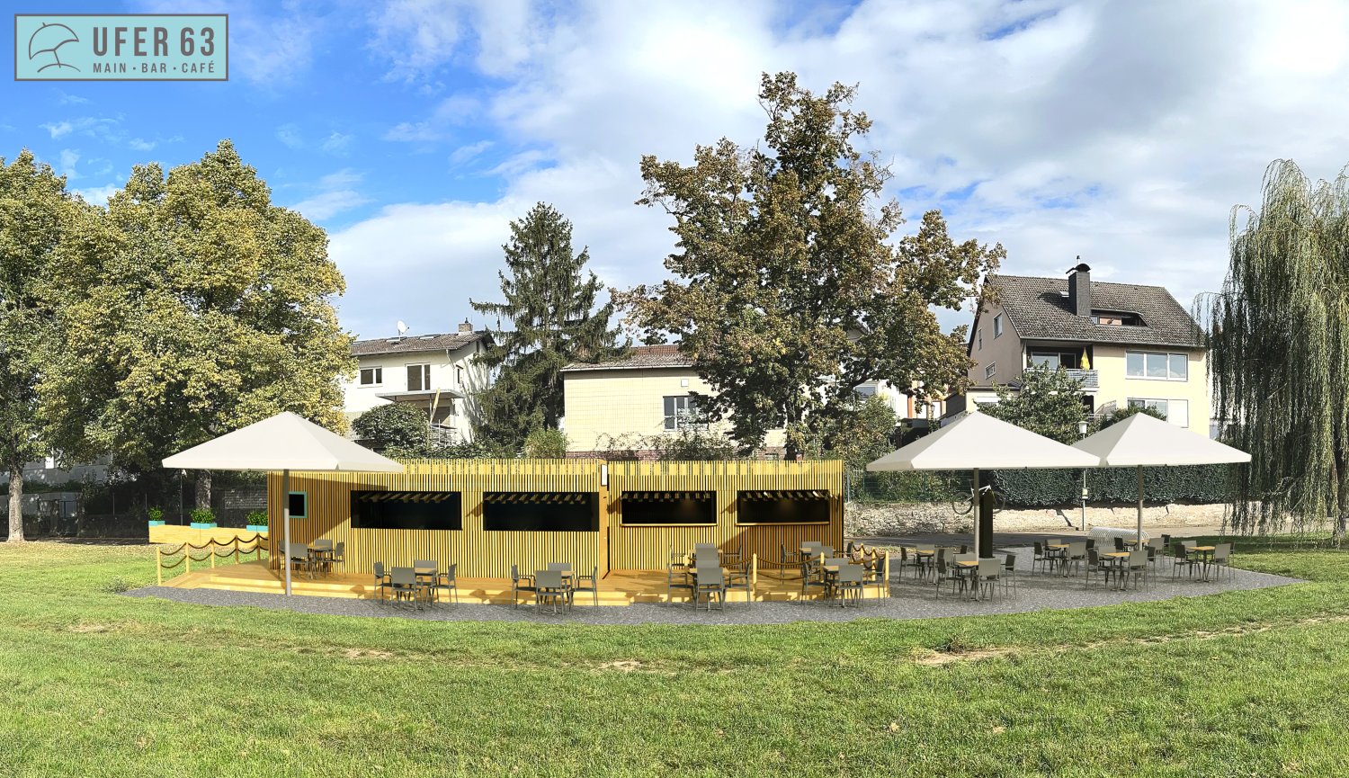 So wird es einmal aussehen: Rendering der neue Pop-Up-Gastronomie am Großauheimer Mainufer.