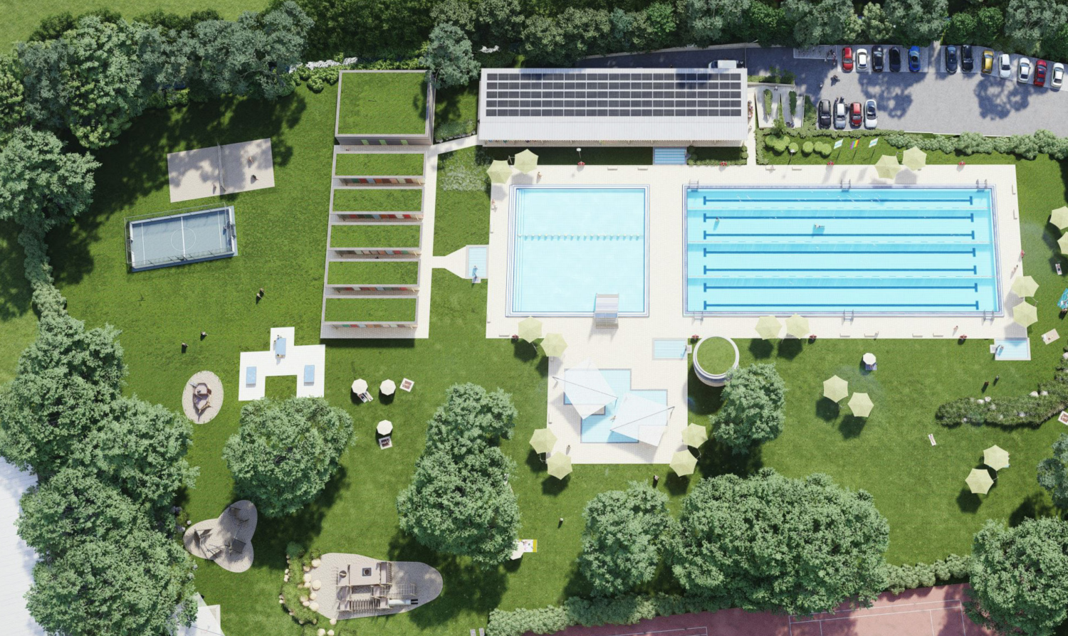 Diese Planungsskizze zeigt eine Draufsicht auf das Freibad nach der Umbauphase.