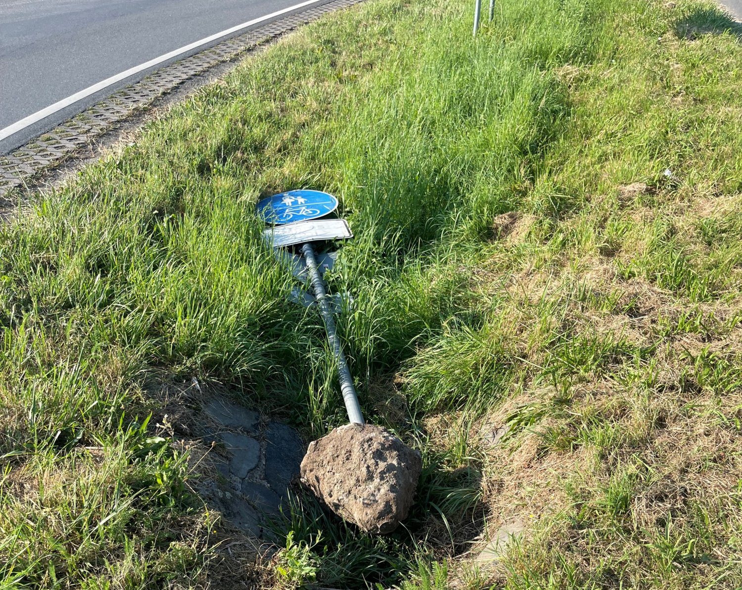 Fast alle Masten und viele Verkehrszeichen entlang des Fußwegs zwischen Wachenbuchen und Hochstadt, parallel zur Landesstraße 3195, wurden am vergangenen Wochenende beschädigt.