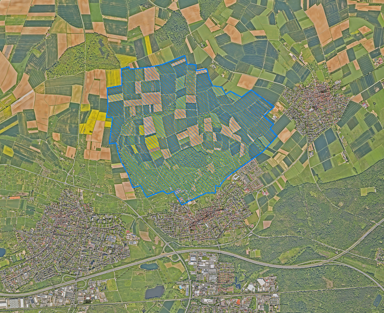 Die blau schraffierte Fläche kennzeichnet das erstmals als „ruhiges Gebiet“ festgesetzte Areal „An der Hartig“, das damit einen besonderen Schutzstatus erhält. 
