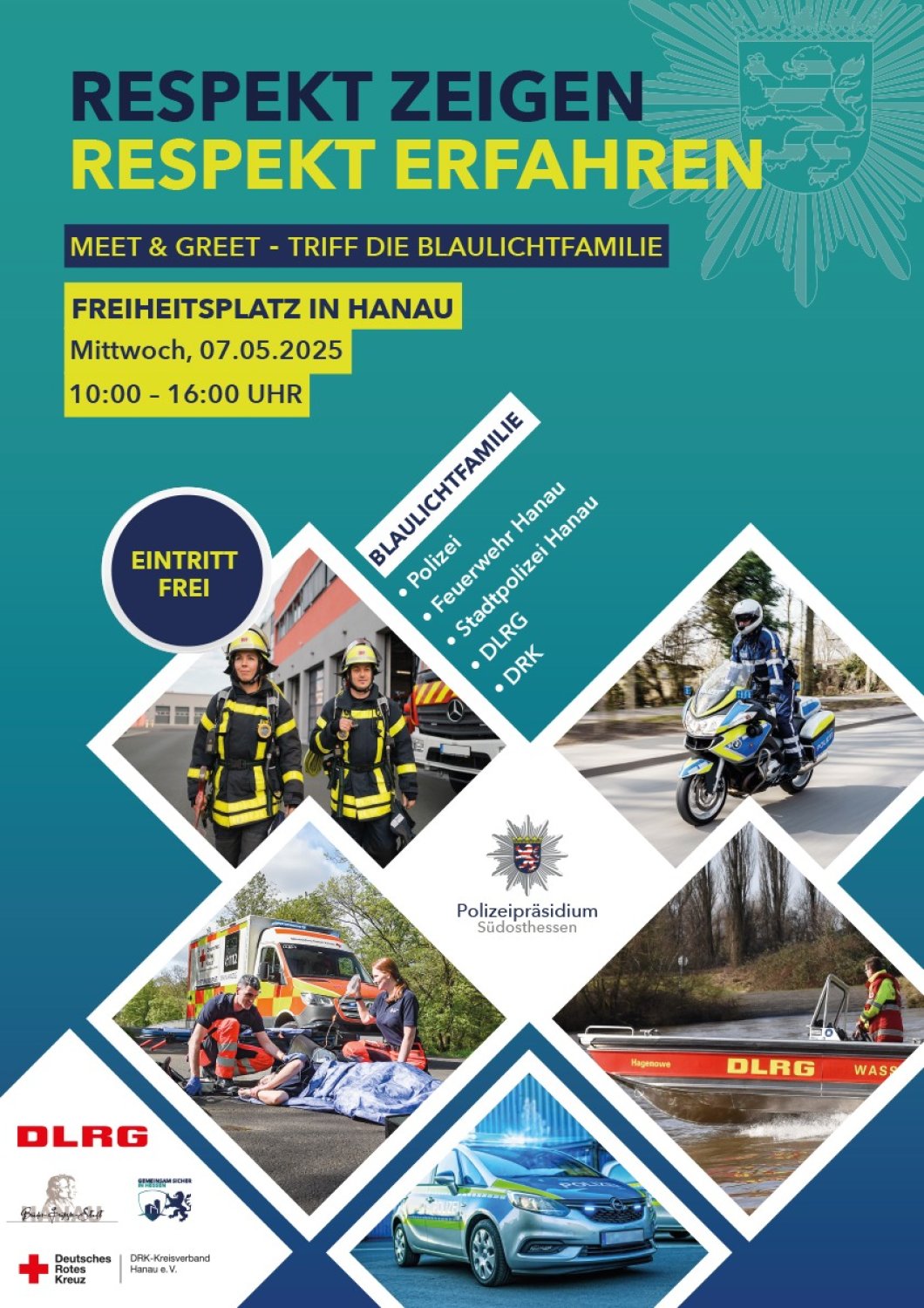 Neben der Polizei werden die Berufsfeuerwehr Hanau, die Stadtpolizei, die DLRG (Deutsche Lebens-Rettungs-Gesellschaft) und das DRK (Deutsches Rotes Kreuz) teilnehmen.