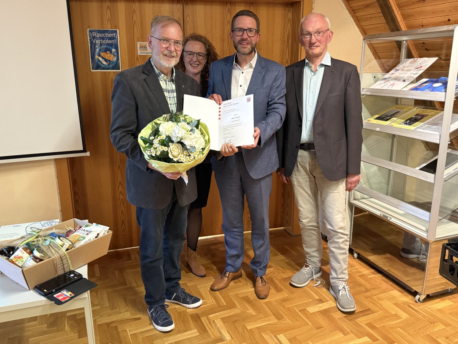 Albert Orgas, Beigeordnete Astrid Rost, Landrat Thorsten Stolz und Heinz Breitenbach (v.li.).