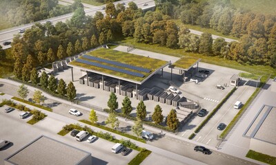 Die Visualisierungen zeigen den neuen Wertstoffhof von oben. Über ein Einbahnstraßensystem und Rampen können die Anliefernden ihre Abfälle bequem in die Container auf Erdgeschosshöhe entsorgen. Der Lkw-Verkehr hat eine separate Zufahrt. - <i>Visualisierung: Architektur-Computergrafik I B. C. Horvath</i>
