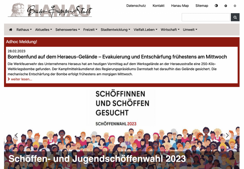 Auch die Stadt Hanau warnt auf ihrer Website vor der Weltkriegsbombe - Screenshot: Stadt Hanau
